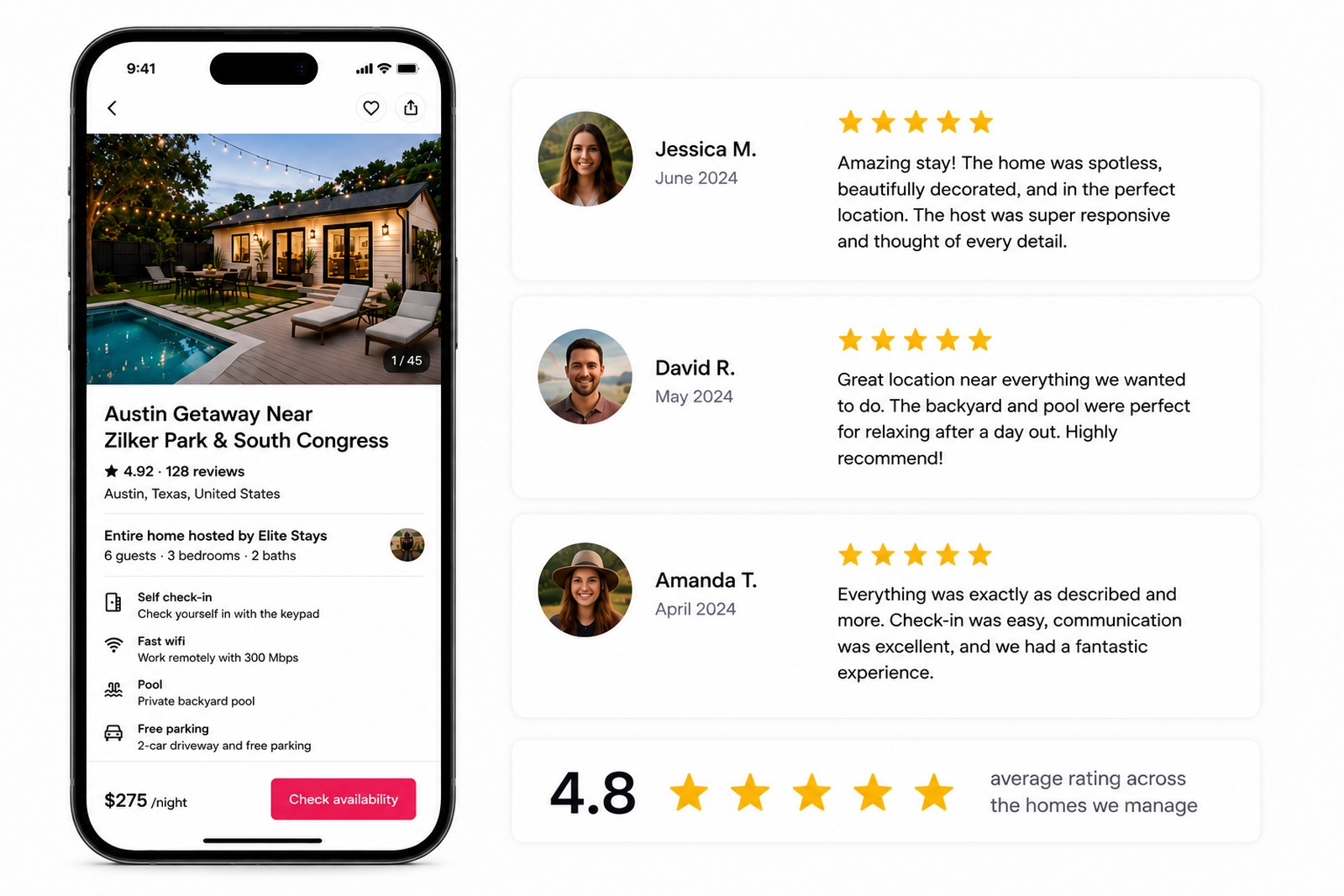 A listing alongside five star guest reviews and the average rating across the homes we manage
